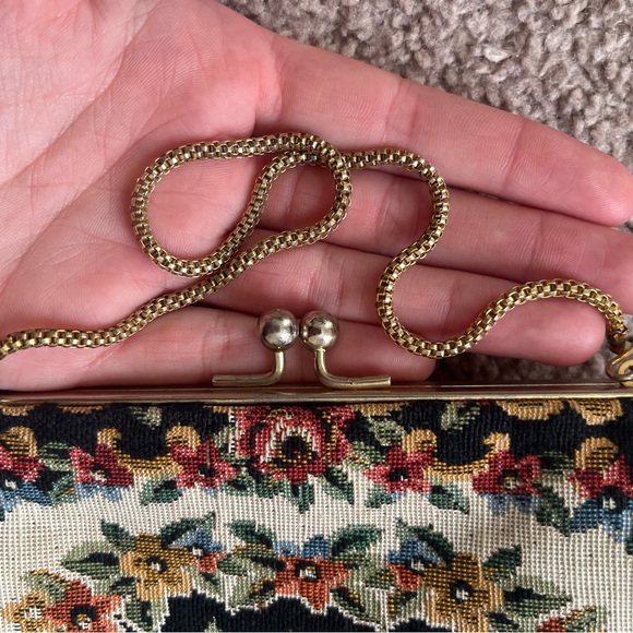 Vintage Floral Petit Point Needlepoint Tapestry Bag Gold Handle Dainty Evening - Picture 3 of 4